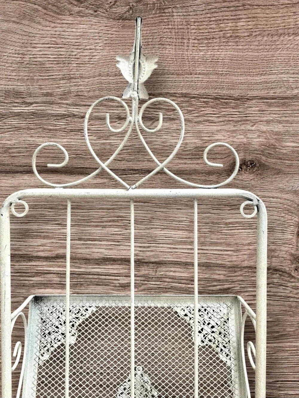 Shabby White Metal Wall Basket w Hangers Cottagecore Kitchen Bathroom Garden